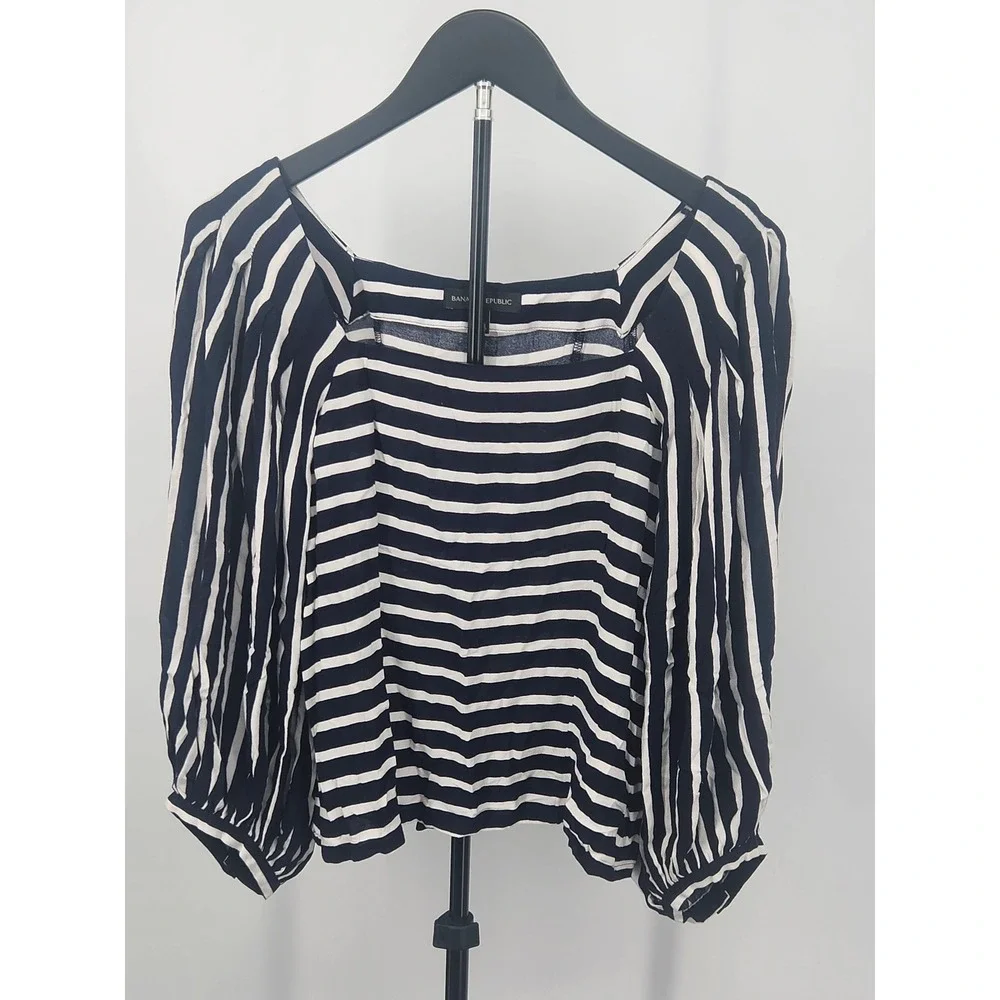 Banana Republic Womens Navy White Striped Square Neck Puff Sleeve Blouse Small